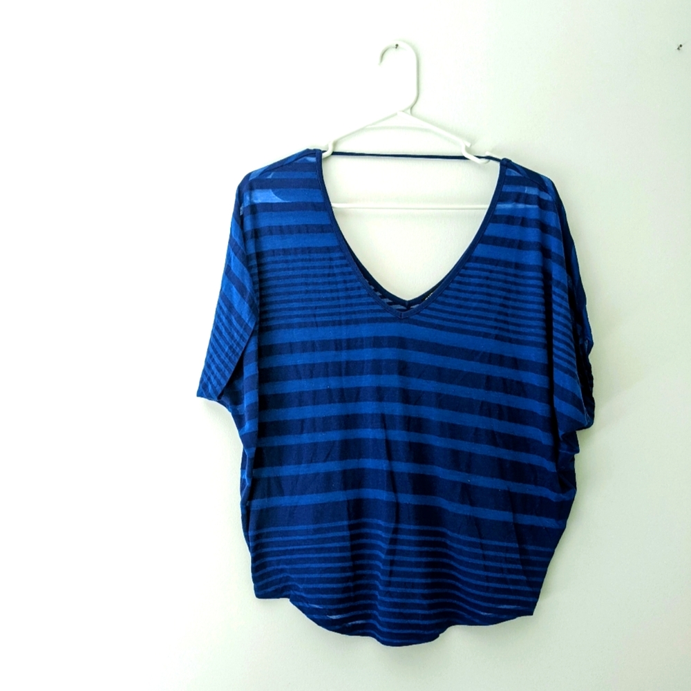 Express flowy blue top with stripes. Great for dance practice, chill, etc. Sheer